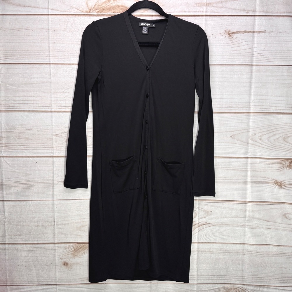 DKNY Black Long Sleeve Button Front Cardigan‎ Dress Midi Duster Pockets Small